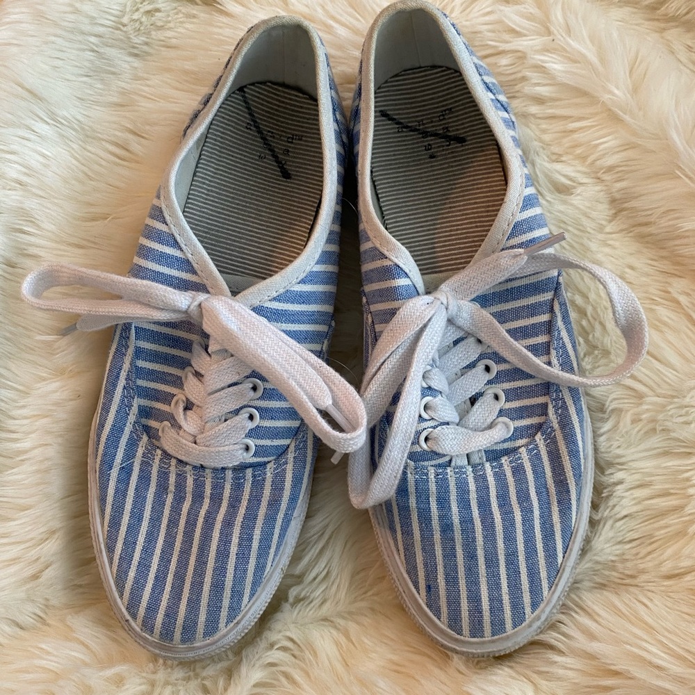 A new day blue and white striped sneakers